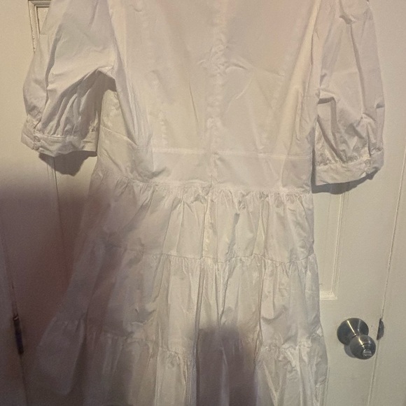 Michael Kors White V-Neck Tiered Midi Dress with Puff Sleeves - Picture 2 of 3